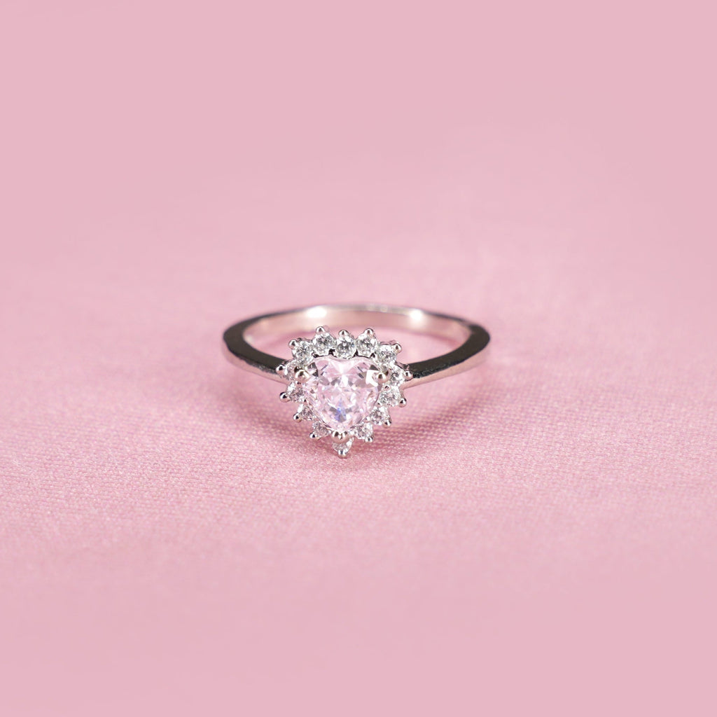 Title: Pink Heart Halo Solitaire Ring