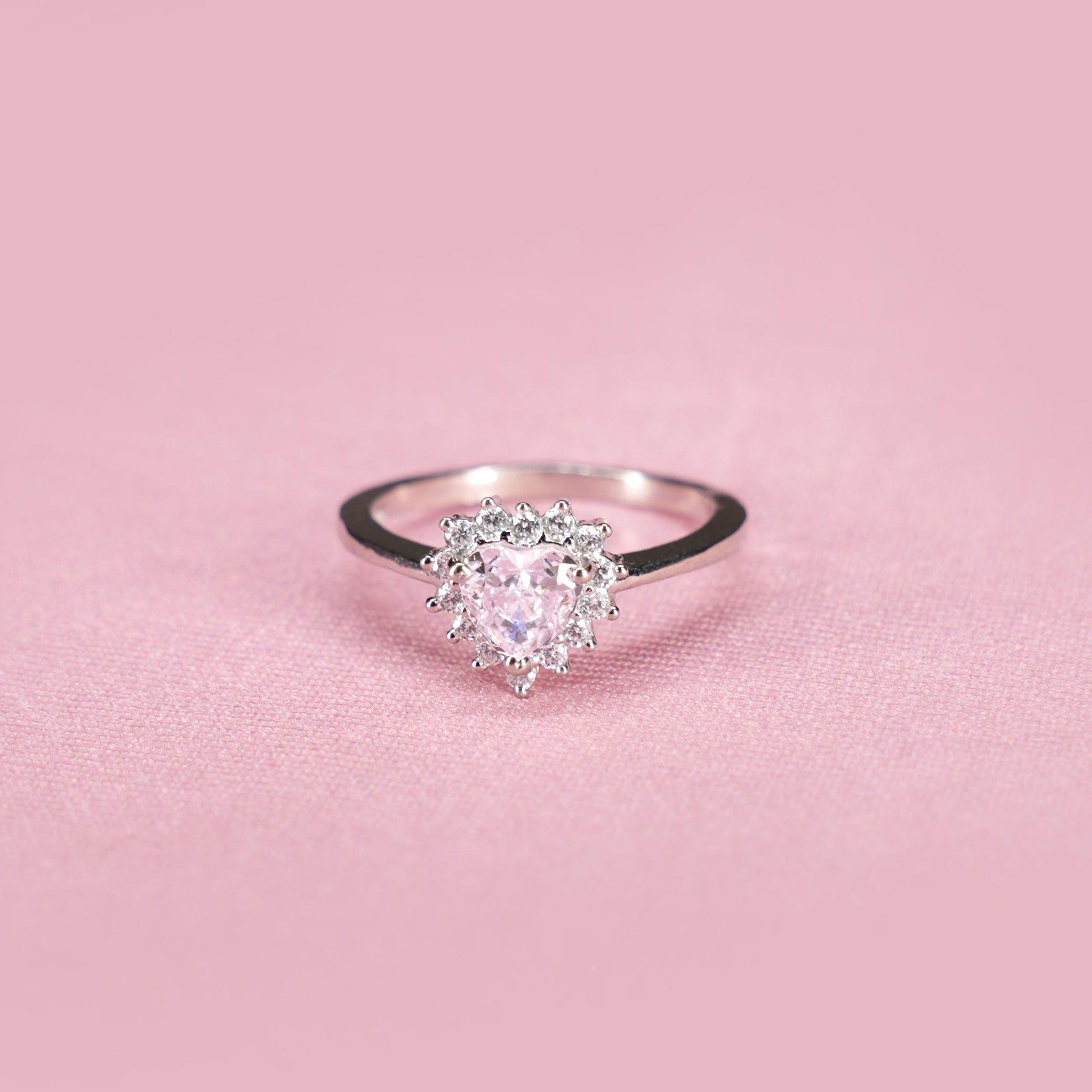 Title: Pink Heart Halo Solitaire Ring