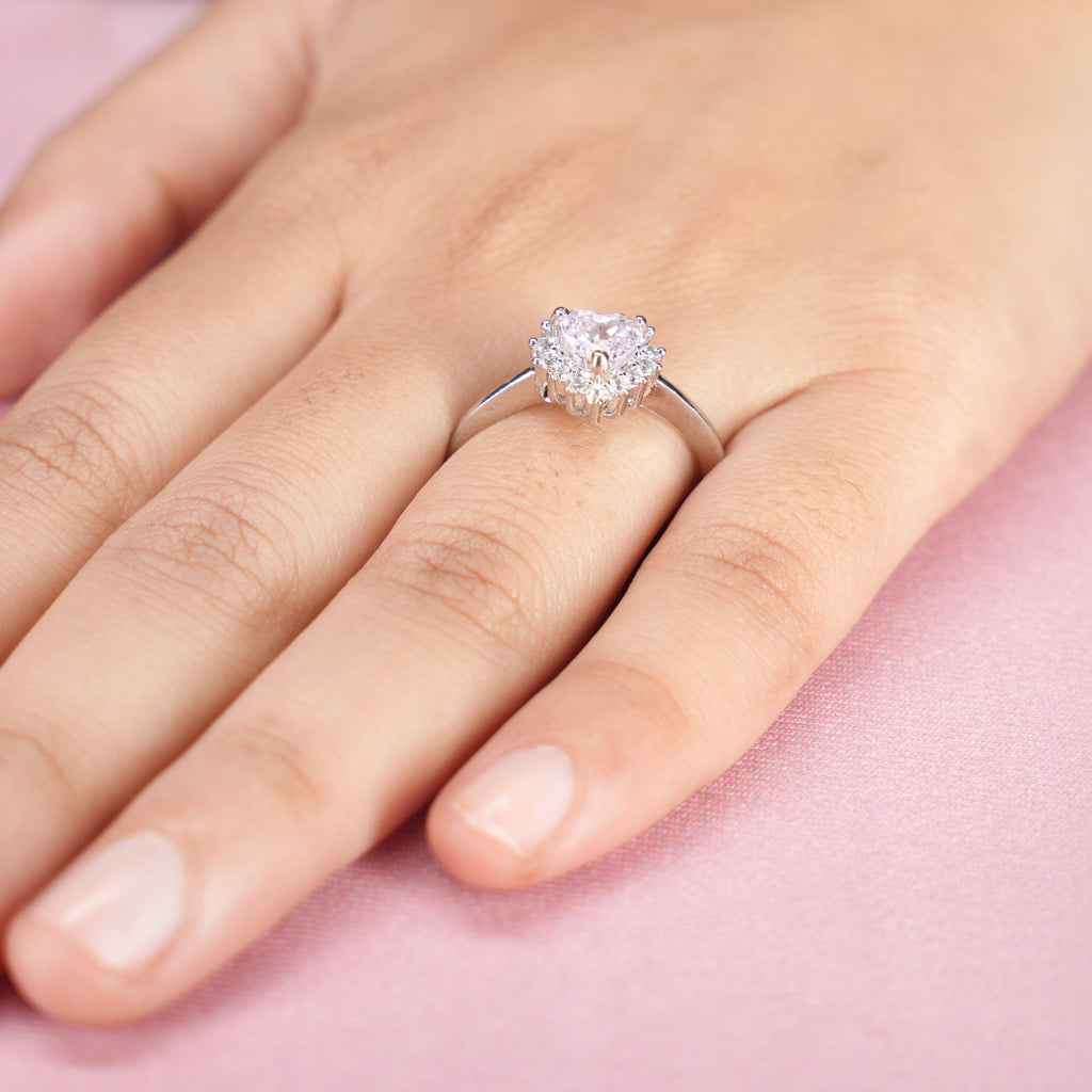 Title: Pink Heart Halo Solitaire Ring
