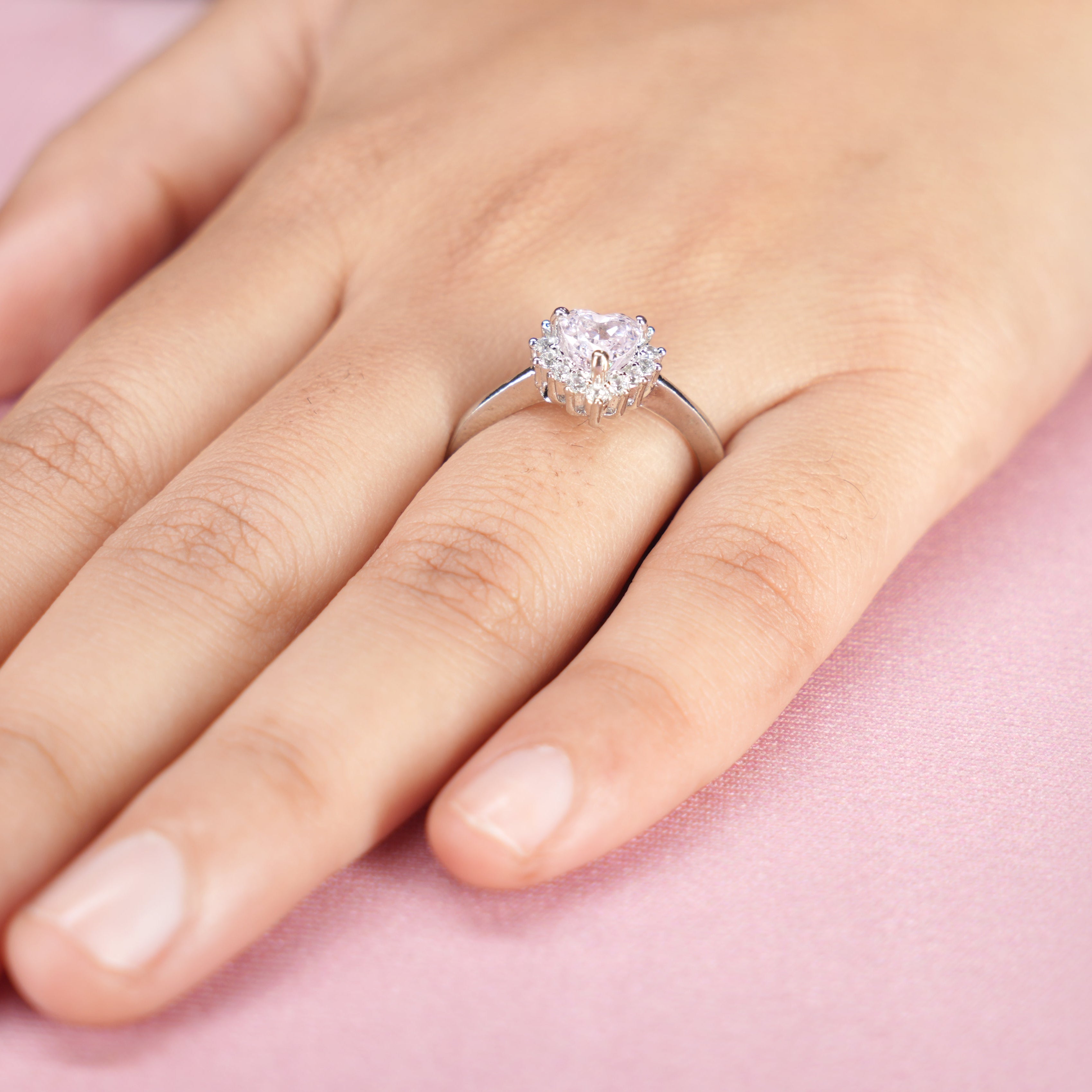 Title: Pink Heart Halo Solitaire Ring